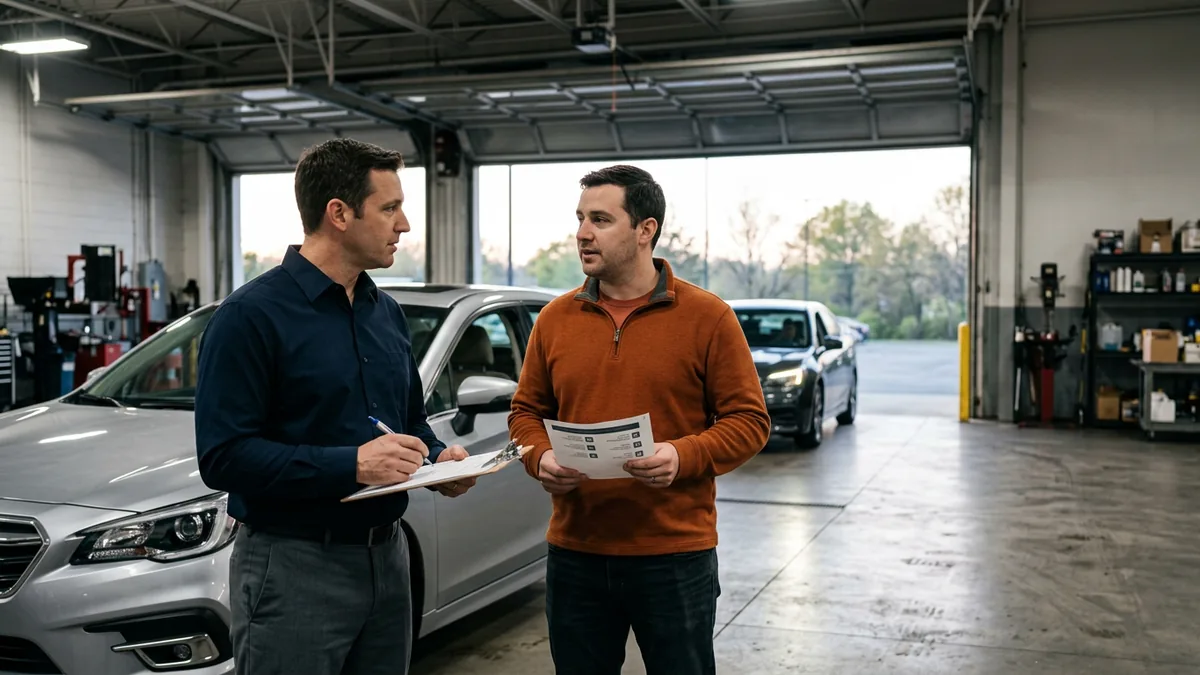 Service advisor writing a paper repair order beside an IT support person in a dealership service lane during DMS cutover week