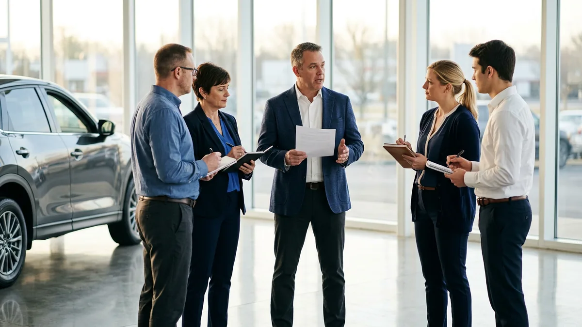 Dealership managers in a morning huddle on the showroom floor going over the DMS outage call tree