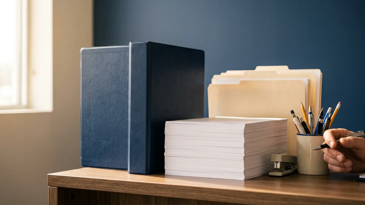 Navy blue DMS outage kit binder beside a stack of blank paper forms and manila folders on a dealership desk