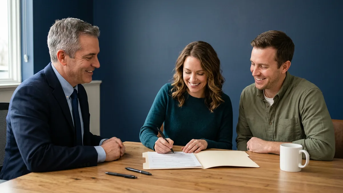 Sales manager and customers signing a paper buyer's order in a deal jacket while the dealership's DMS is down