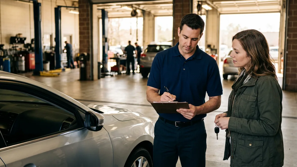 Service advisor writing up a customer's car on a paper repair order in the dealership service lane during a DMS outage