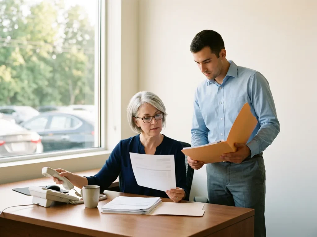 Dealership controller holding a printed payment request and picking up the desk phone to call the vendor back while an accounting clerk holds the vendor file