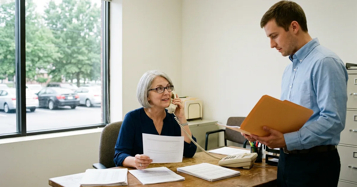 Dealership controller on the desk phone calling a vendor back about a payment request while an accounting clerk holds the vendor file