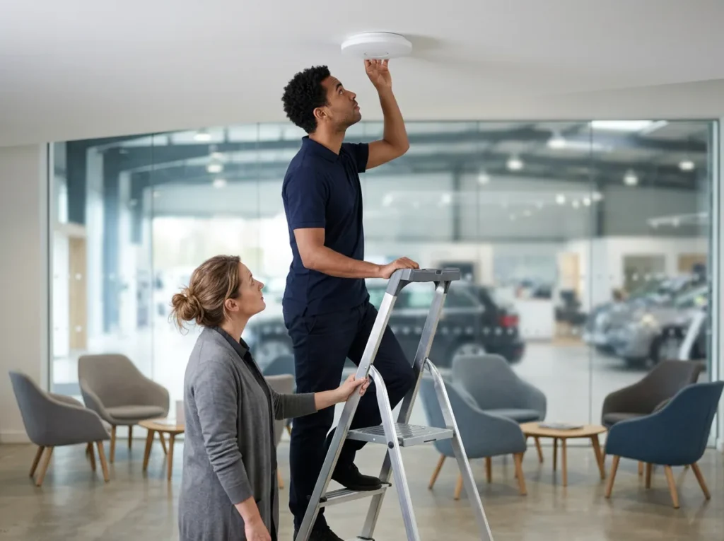 Technician on a step ladder checking a ceiling wireless access point in a dealership customer lounge while a colleague steadies the ladder
