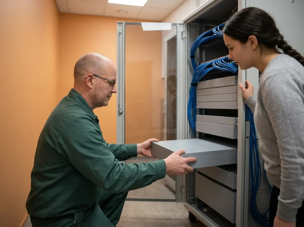Engineer kneeling to slide a server back into a dealership network rack while a colleague holds the rack door open