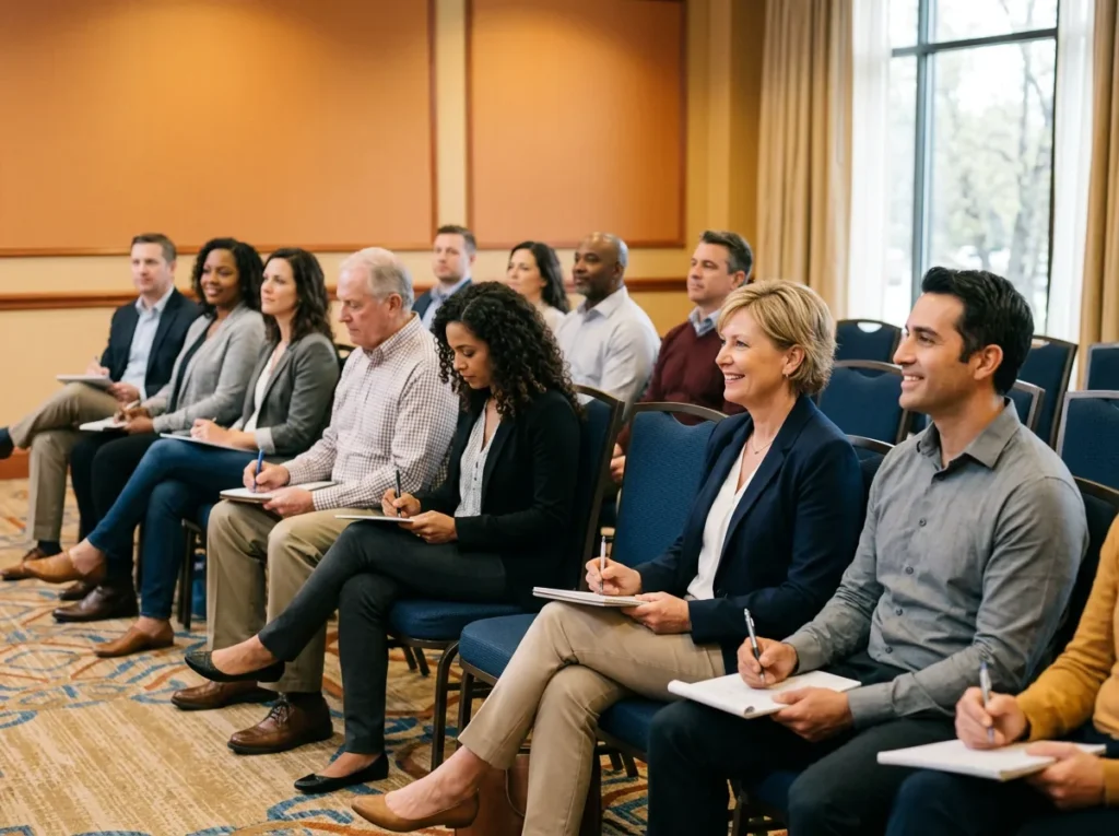 Dealership managers and accountants seated in rows at a hotel conference session, listening and taking notes on paper notepads