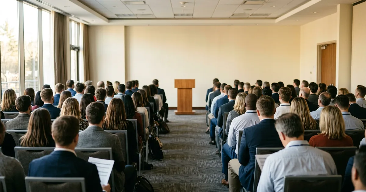 Rows of attendees in a bright hotel meeting room facing an empty wooden lectern before a dealership industry session