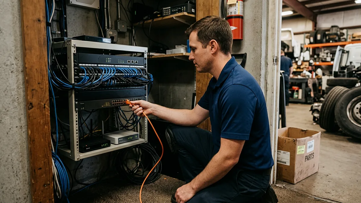 IT technician connecting a network switch in a truck dealership closet, where the internet circuits and firewall that carry Excede Hosted Services live