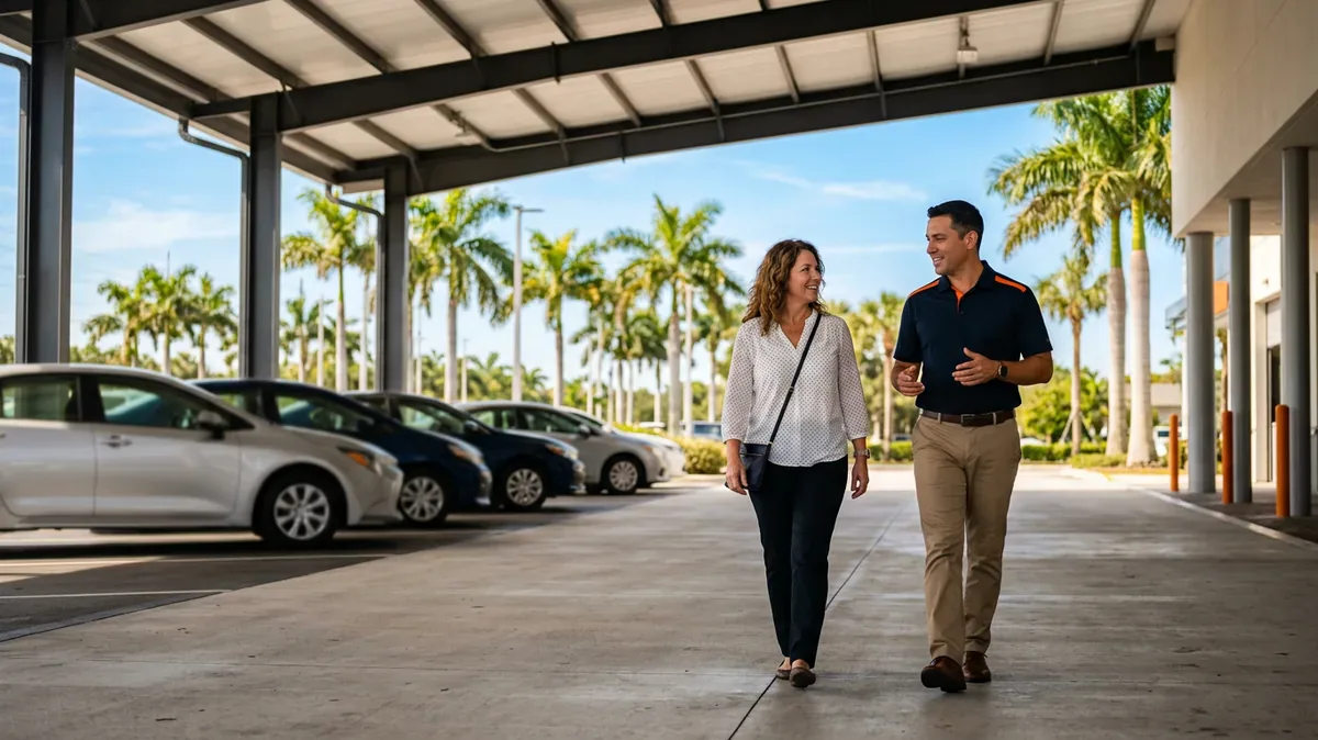 Service advisor talking with a customer on a Florida car dealership service drive under palm trees