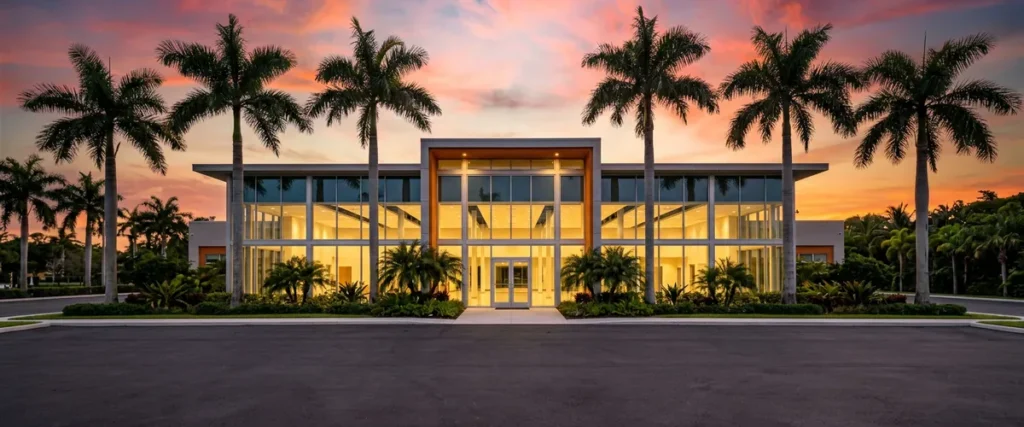 Florida car dealership showroom at sunset framed by palm trees