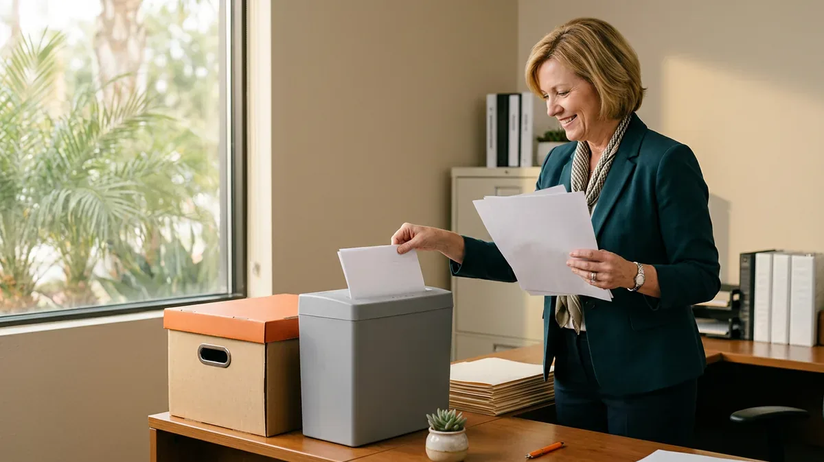 Dealership office manager shredding old paper deal files in a Florida back office