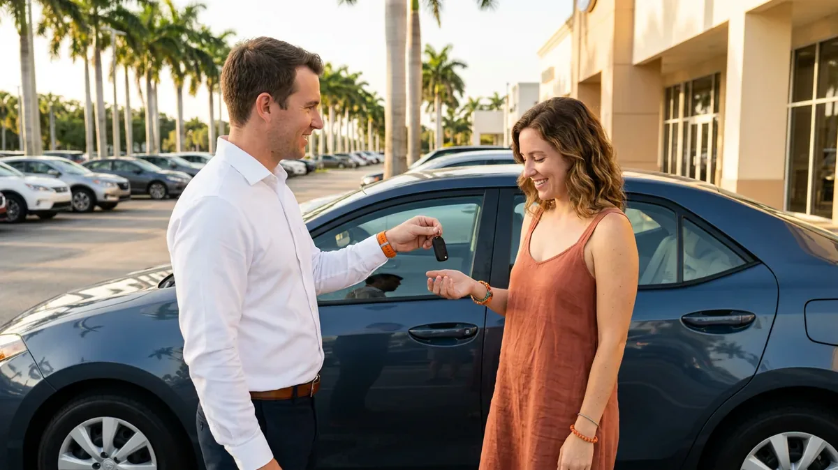 Salesperson handing a key fob to a customer before a test drive on a Florida car dealership lot