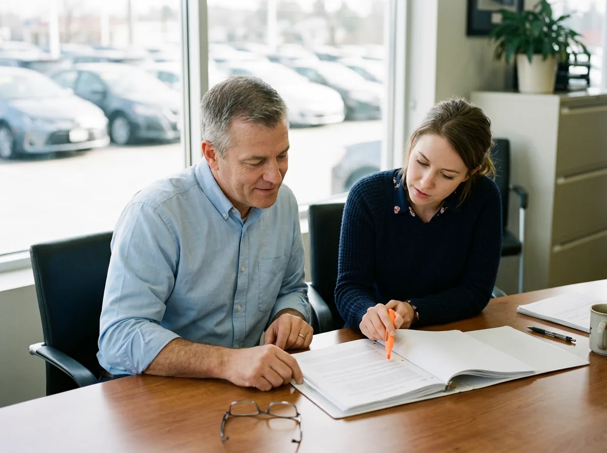 Dealer principal and controller reviewing a printed information security program in a binder at a dealership conference table