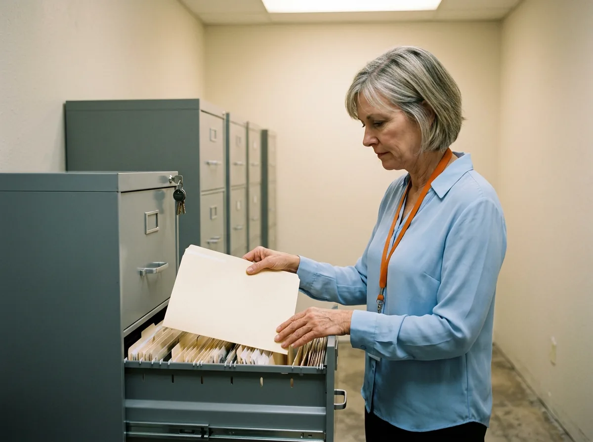 Office manager filing a customer deal folder in a locking steel file cabinet in a dealership records room