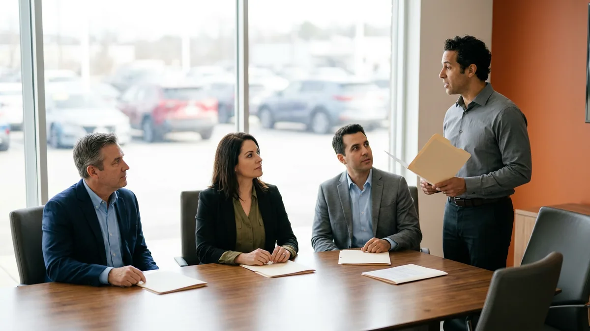 Dealership owners listening to a security lead present the annual information security report at a conference table