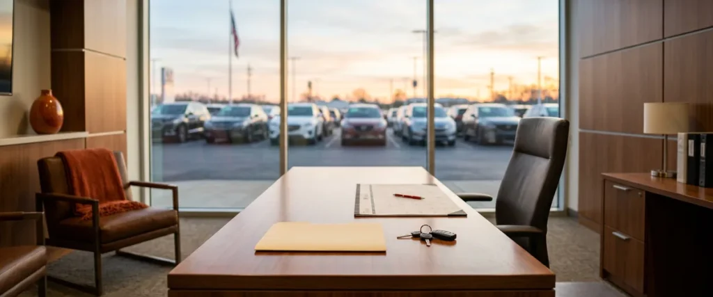 Dealership general manager's desk with a folder, desk calendar and red pen overlooking the car lot, representing the 30-day FTC Safeguards Rule breach notification deadline