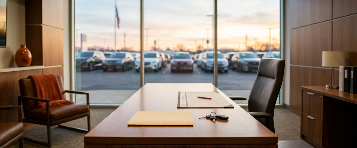 Dealership general manager's desk with a folder, desk calendar and red pen overlooking the car lot, representing the 30-day FTC Safeguards Rule breach notification deadline
