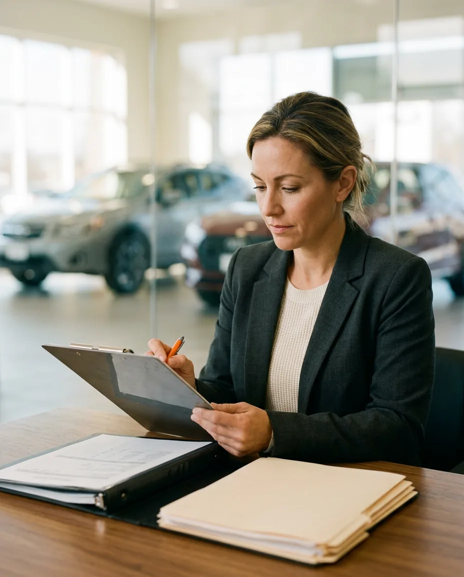 Finance manager at a car dealership ticking a printed checklist on a clipboard at her desk, with deal folders and a binder beside her and the showroom behind