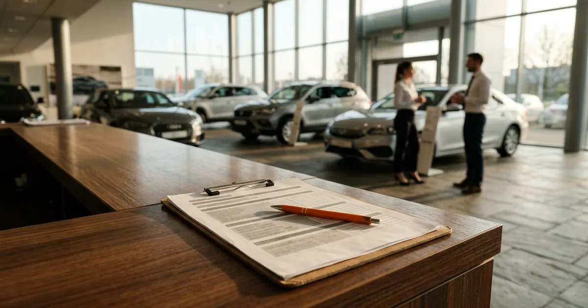 Printed checklist on a clipboard with an orange pen on a dealership reception counter, with new cars on the showroom floor behind