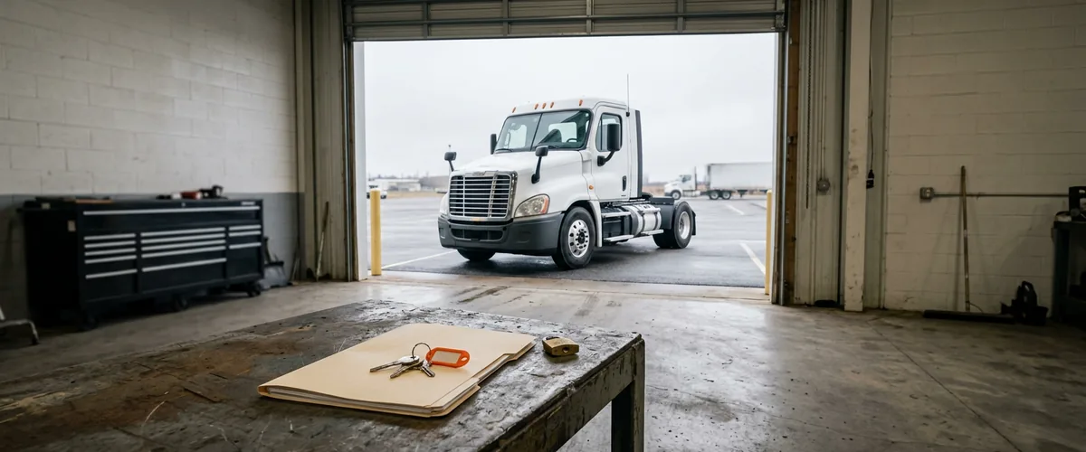 Class 8 semi tractor outside a heavy truck dealership service bay with a deal folder, keys, and a padlock on the workbench, illustrating the FTC Safeguards Rule for truck dealerships