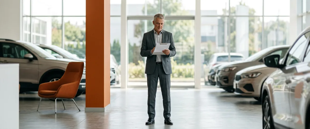 Dealership general manager in a showroom reading printed FTC Safeguards Rule updates on a clipboard
