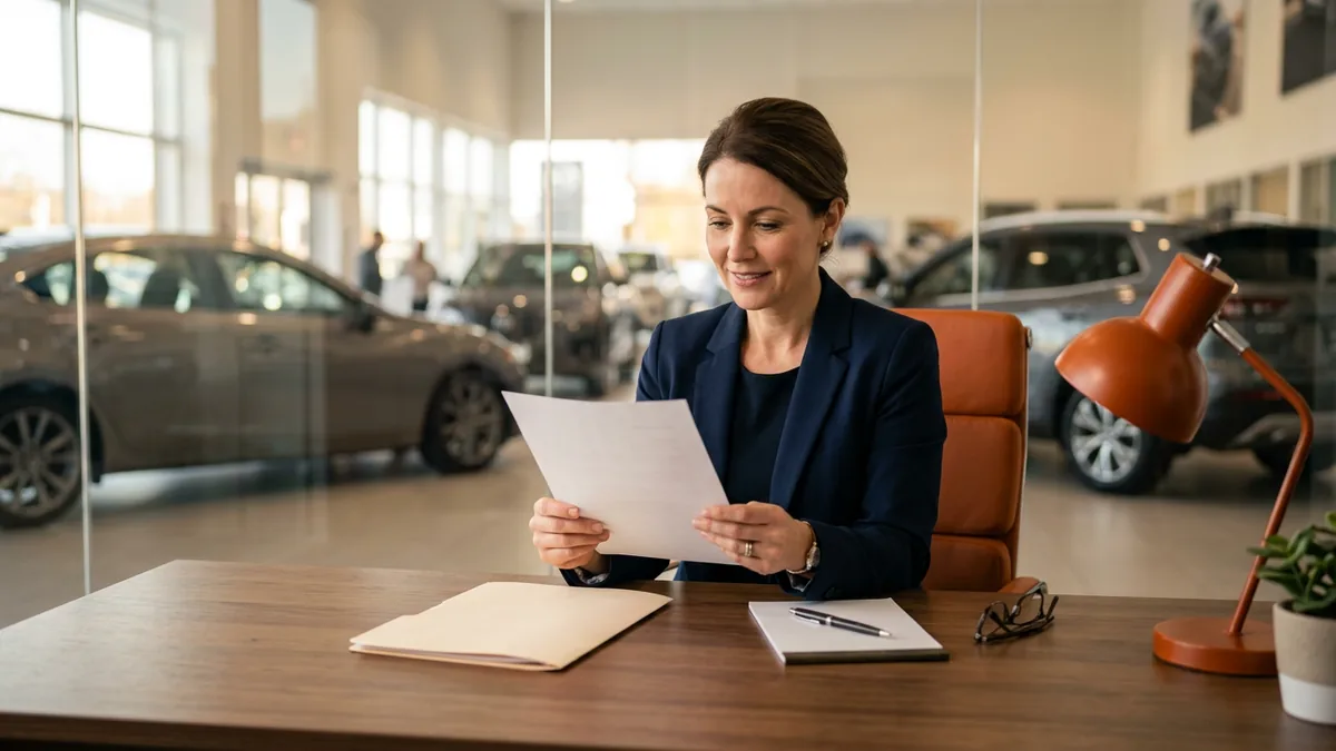Dealership F&I manager reading a printed vendor letter at her desk, the way most FTC Safeguards Rule news reaches a store