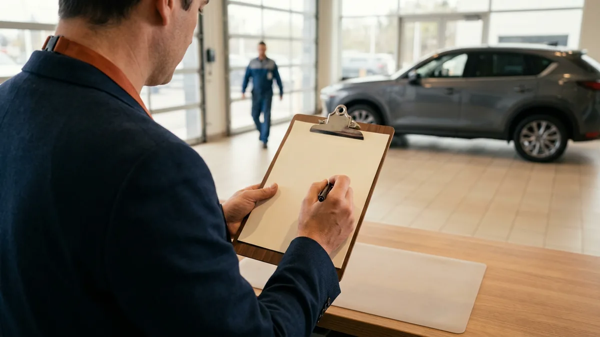 Dealership service manager writing on a clipboard at the service counter with an SUV in the service drive behind him