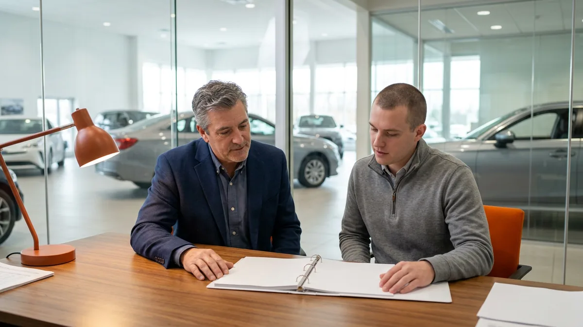 Dealer principal and a cybersecurity advisor reviewing a printed information security program binder in a dealership office