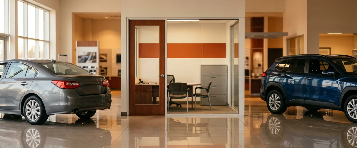 Car dealership showroom with a glass-walled finance office and a locked filing cabinet in the background