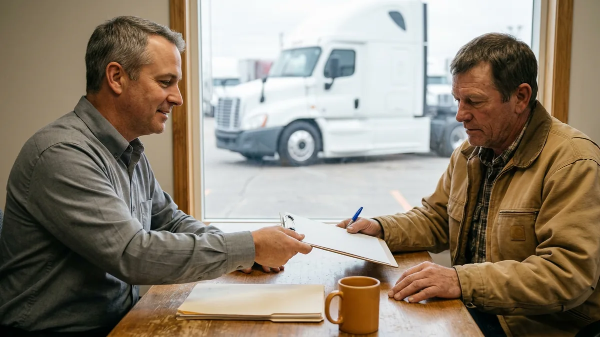 Finance manager at a heavy truck dealership handing a credit application to a truck owner, the kind of file the FTC Safeguards Rule may or may not cover for truck dealerships