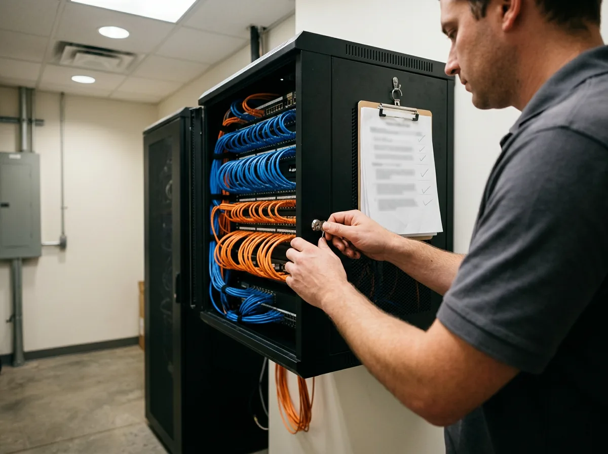 IT technician locking a network rack cabinet in a dealership network closet, with a printed checklist on a clipboard hanging from the rack door