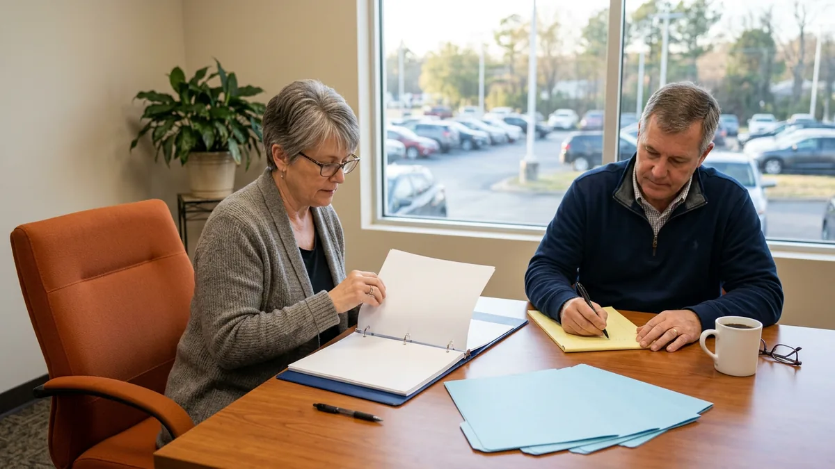 Dealership controller and general manager reviewing a vendor oversight binder for the FTC Safeguards Rule in a conference room