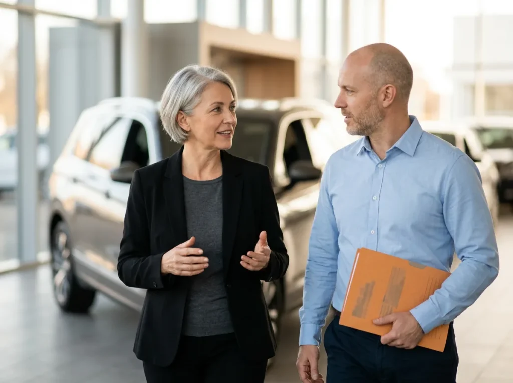 Dealership general manager talking with the office manager, who carries an orange folder, while they walk across the showroom floor