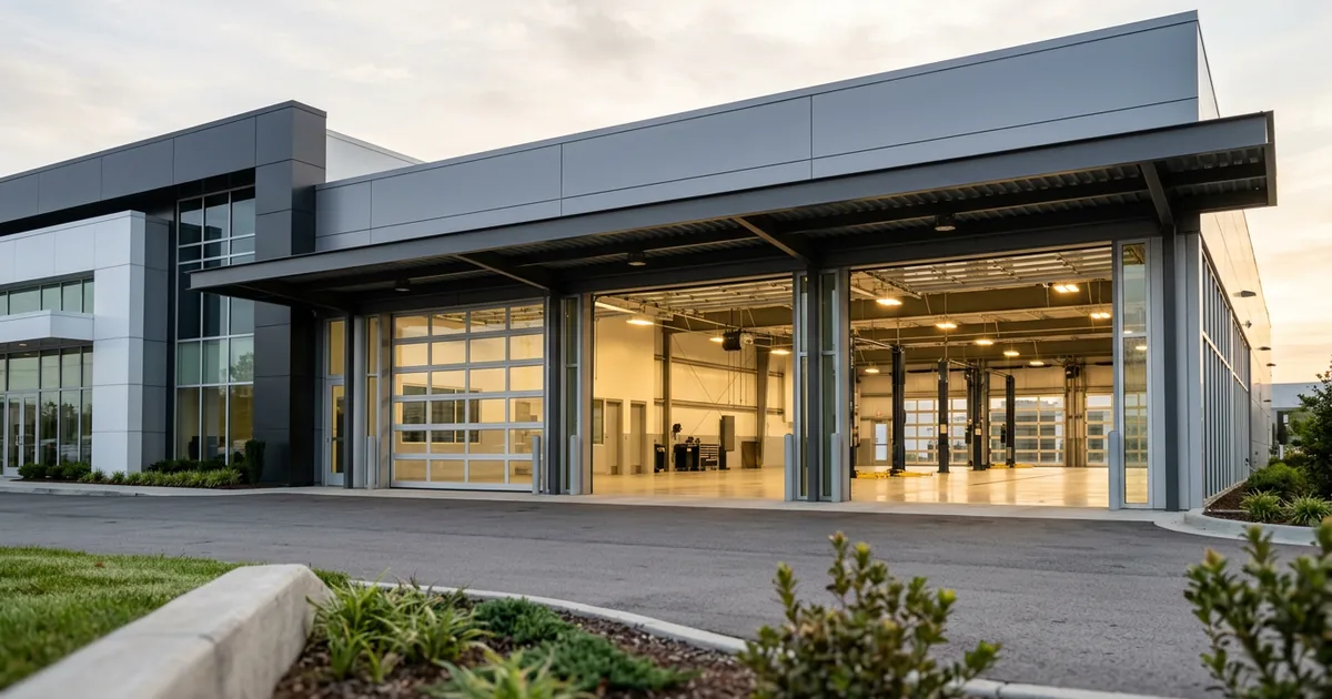 Modern car dealership service drive entrance at sunrise with three glass overhead doors open to an empty, brightly lit service lane