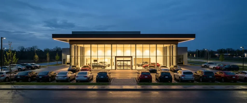 Modern car dealership showroom glowing at dusk with new vehicles parked out front