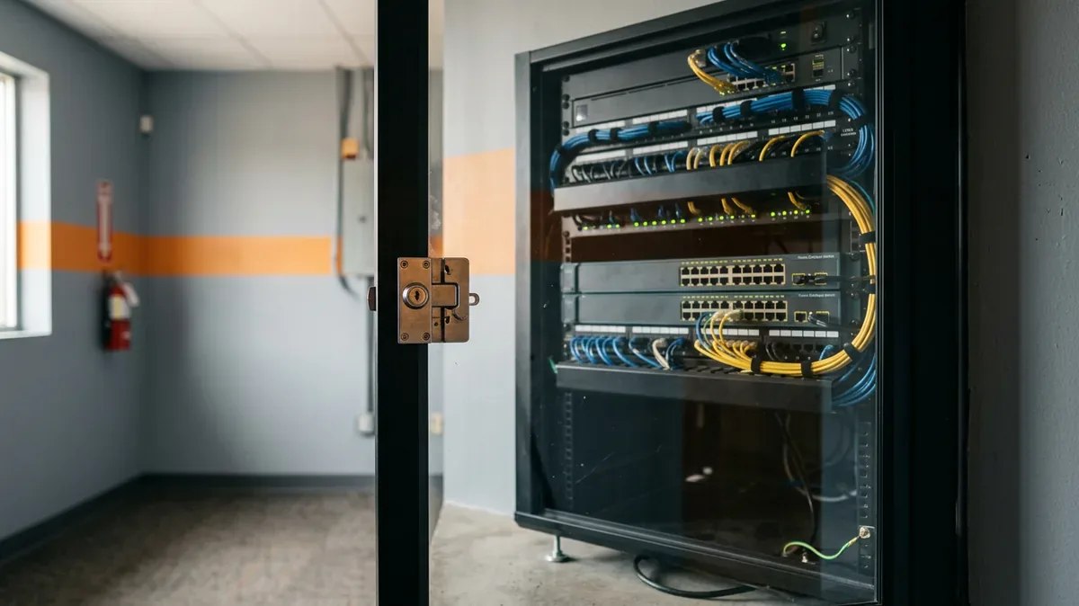 Locked network equipment rack in a small, tidy dealership IT room