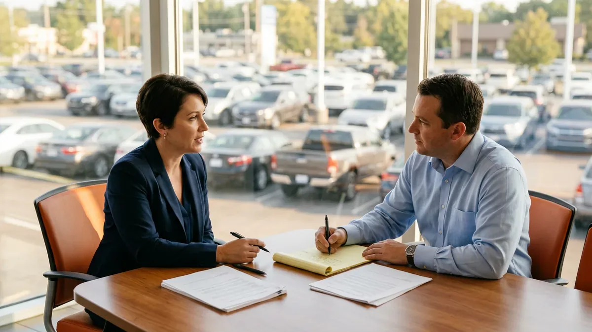 Two dealership managers reviewing printed pages and taking notes at a conference table