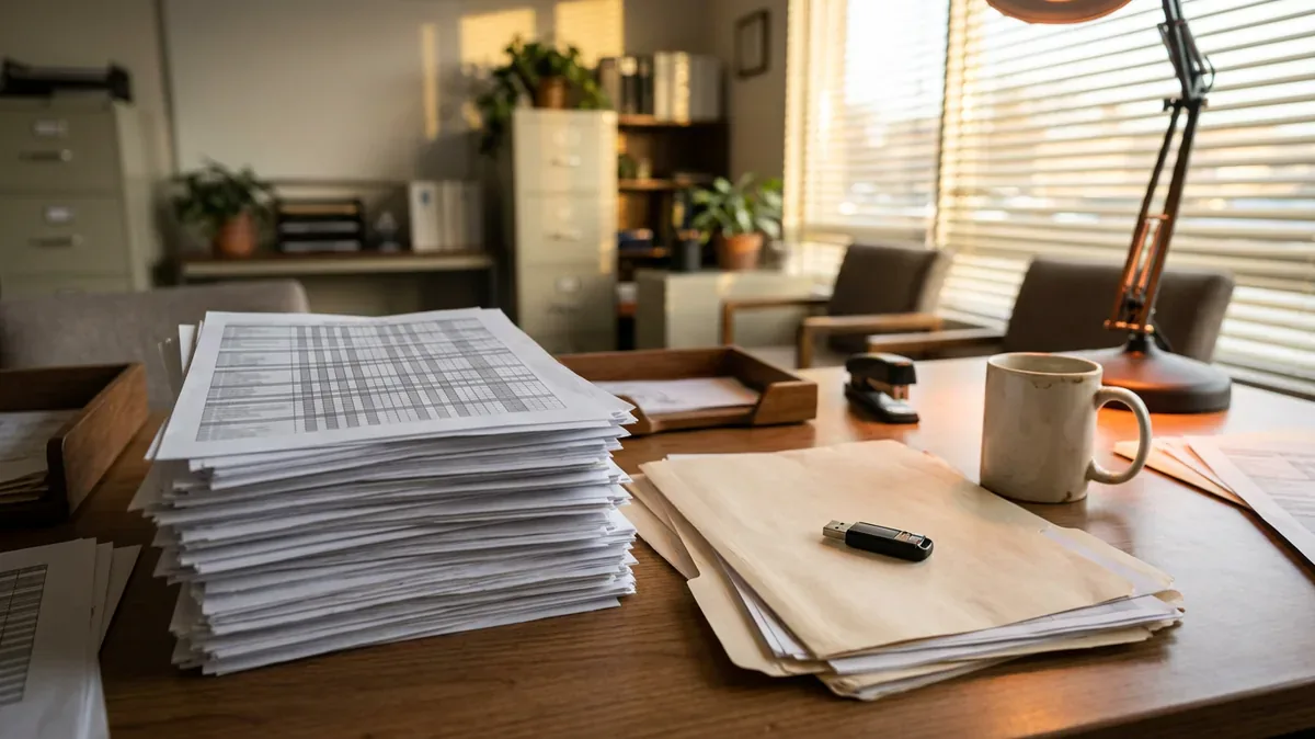 Stack of printed dealership report pages and a USB flash drive on a back-office desk