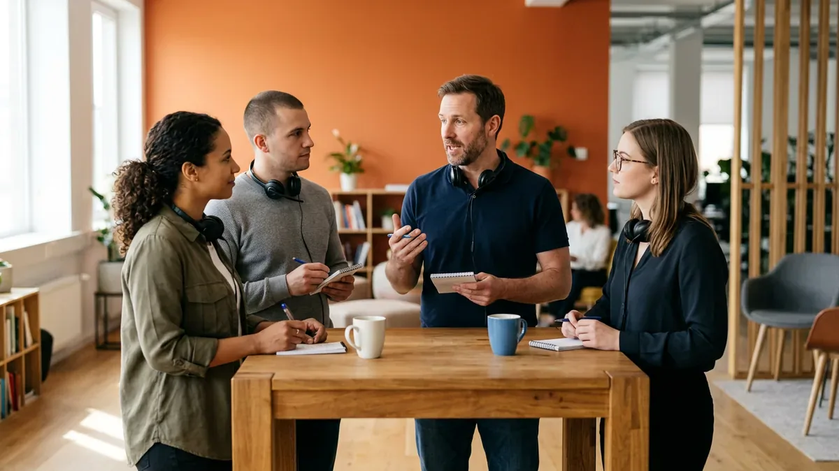 IT service desk team in a short morning huddle around a table with notepads