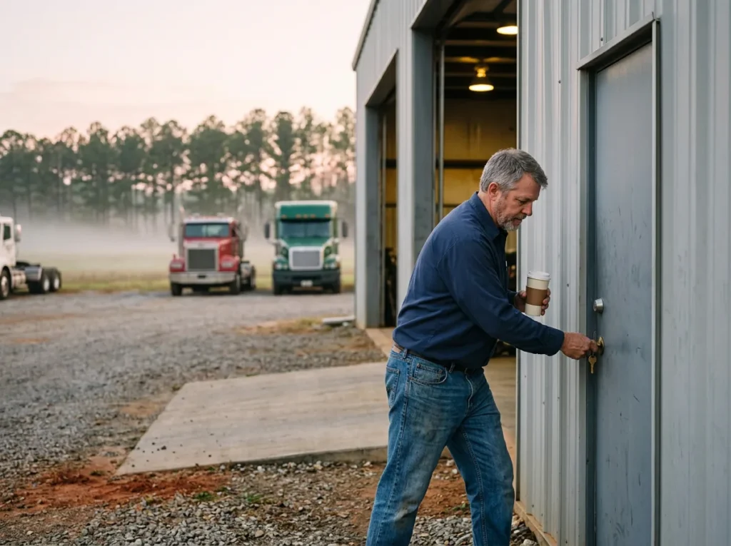Service manager unlocking the side door of a rural heavy truck dealership in Georgia at sunrise, with semi tractors parked beside a foggy field