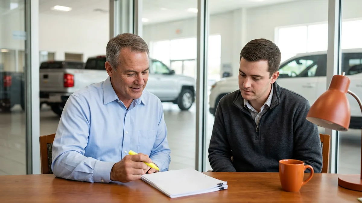 Dealer principal and an IT advisor reading a printed copy of an automaker's dealer technology guidelines at a dealership desk