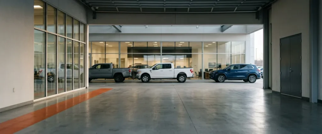 Car dealership service drive and glass showroom with pickup trucks and an SUV in early morning light