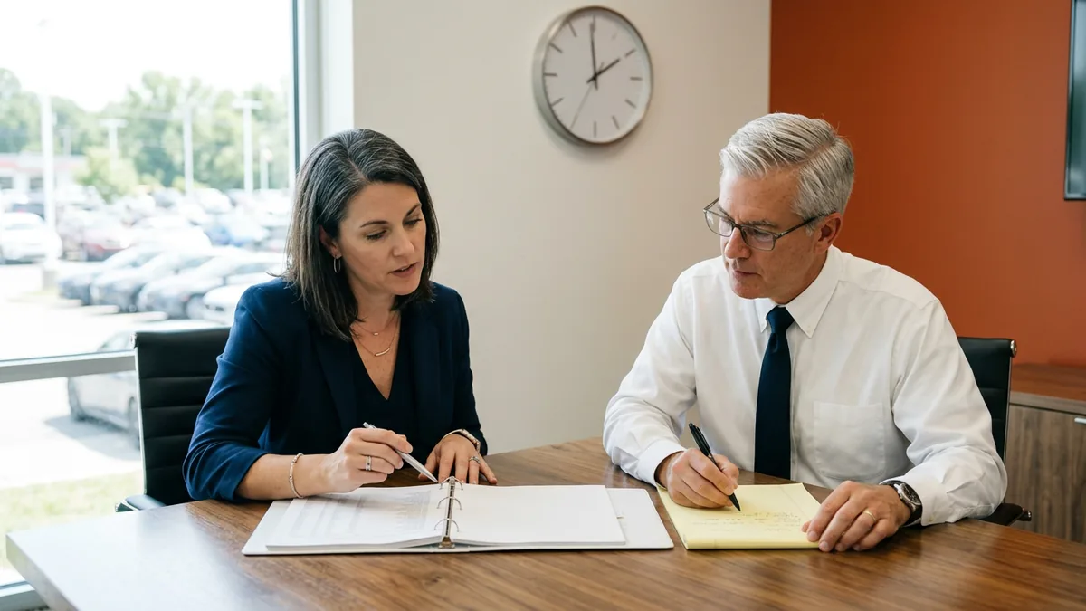 Dealership general manager and controller reviewing a printed incident response plan binder at a conference table