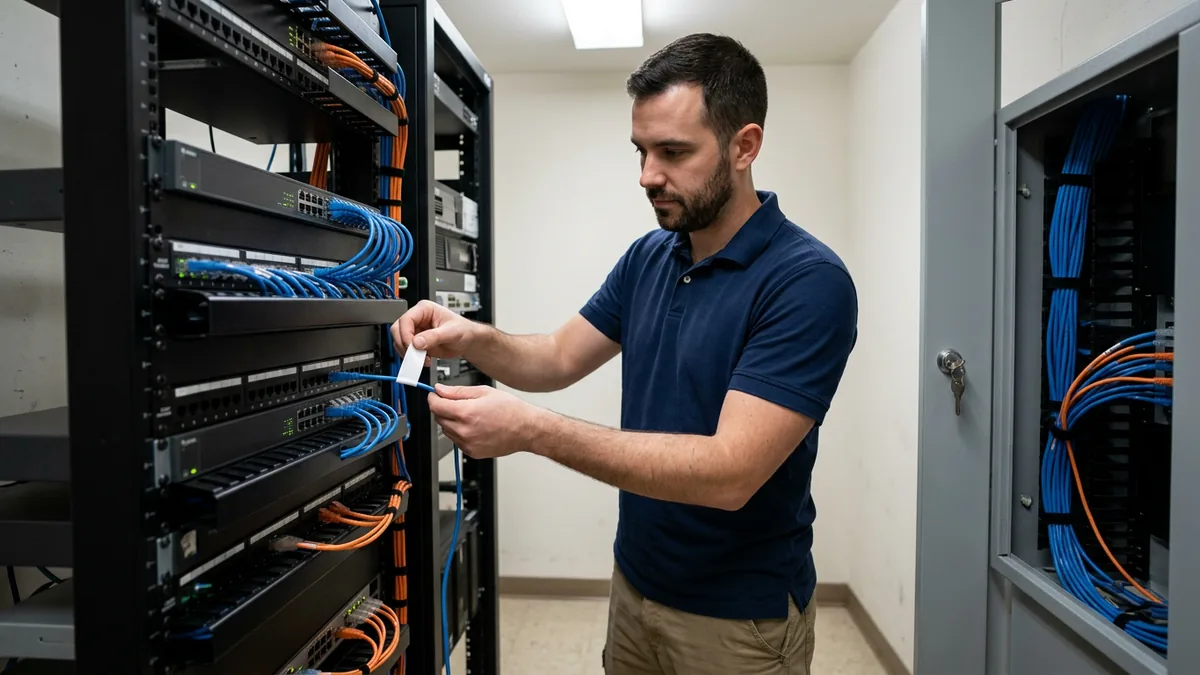 IT technician labeling network cables on a patch panel inside a locked dealership network closet