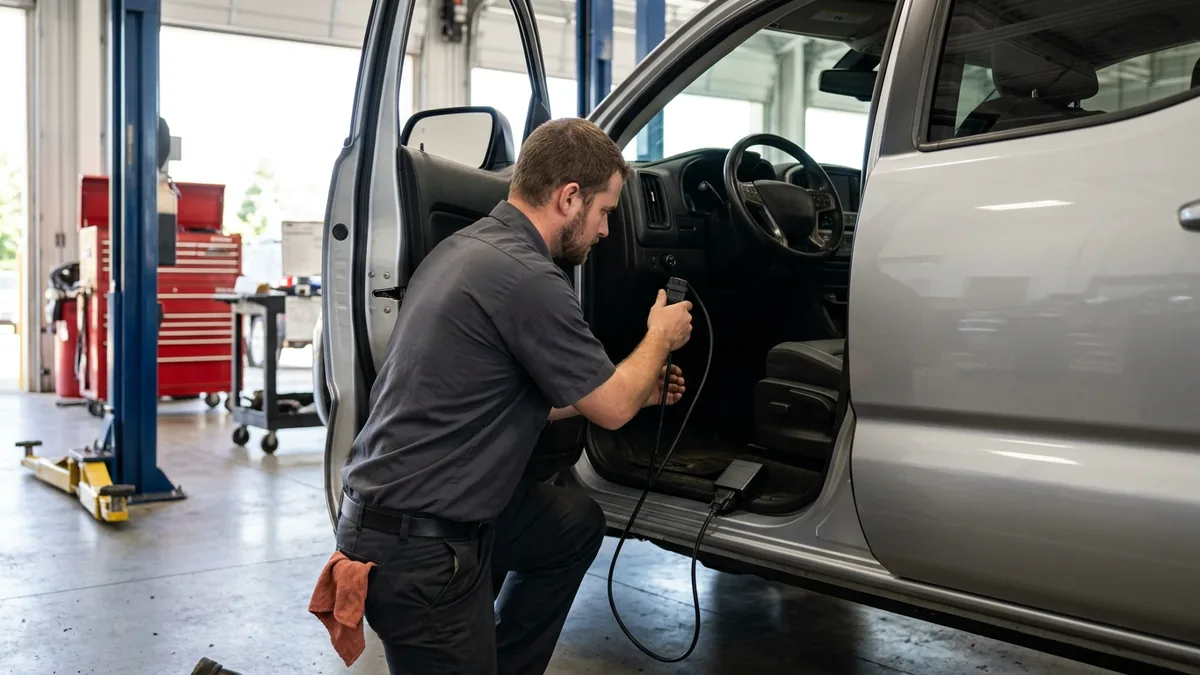 Dealership service technician connecting a diagnostic interface cable under the dashboard of a pickup truck in a service bay