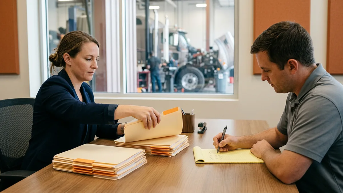 Controller and finance manager at a heavy truck dealership sorting deal folders to count how many consumer finance customers the store has