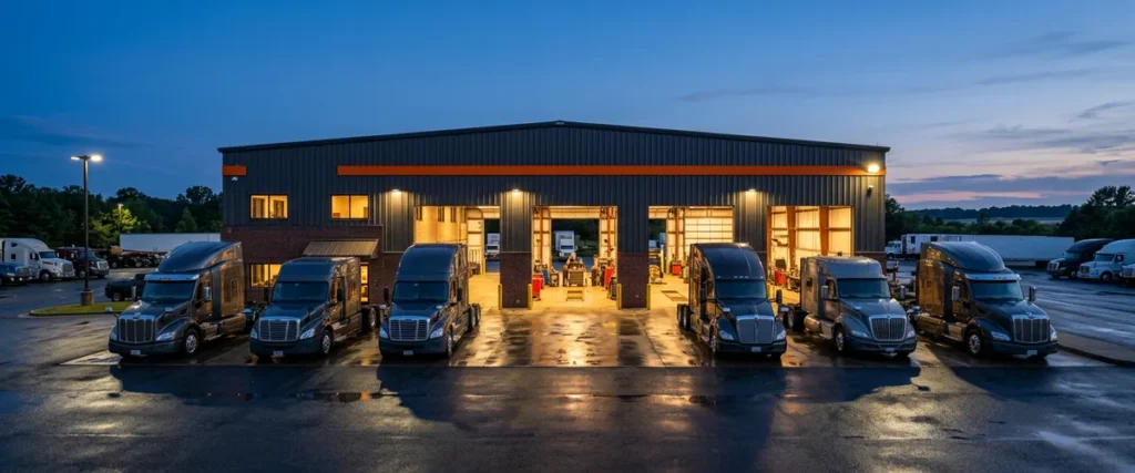 Heavy truck dealership service building at dusk with Class 8 semi tractors under security floodlights, illustrating truck dealership cybersecurity after the Motility DMS breach