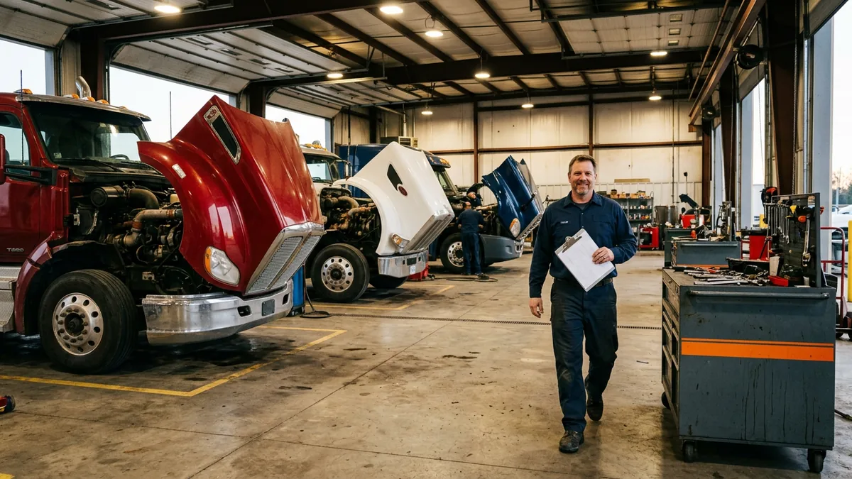 Heavy truck dealership service bay at early morning with Class 8 tractors and a service advisor carrying printed repair orders, the operation a DMS breach puts at risk