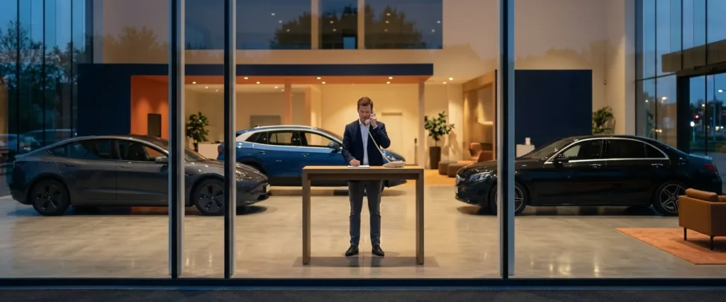 Car dealership showroom in the evening seen through the glass front, with an employee on the phone at the reception counter