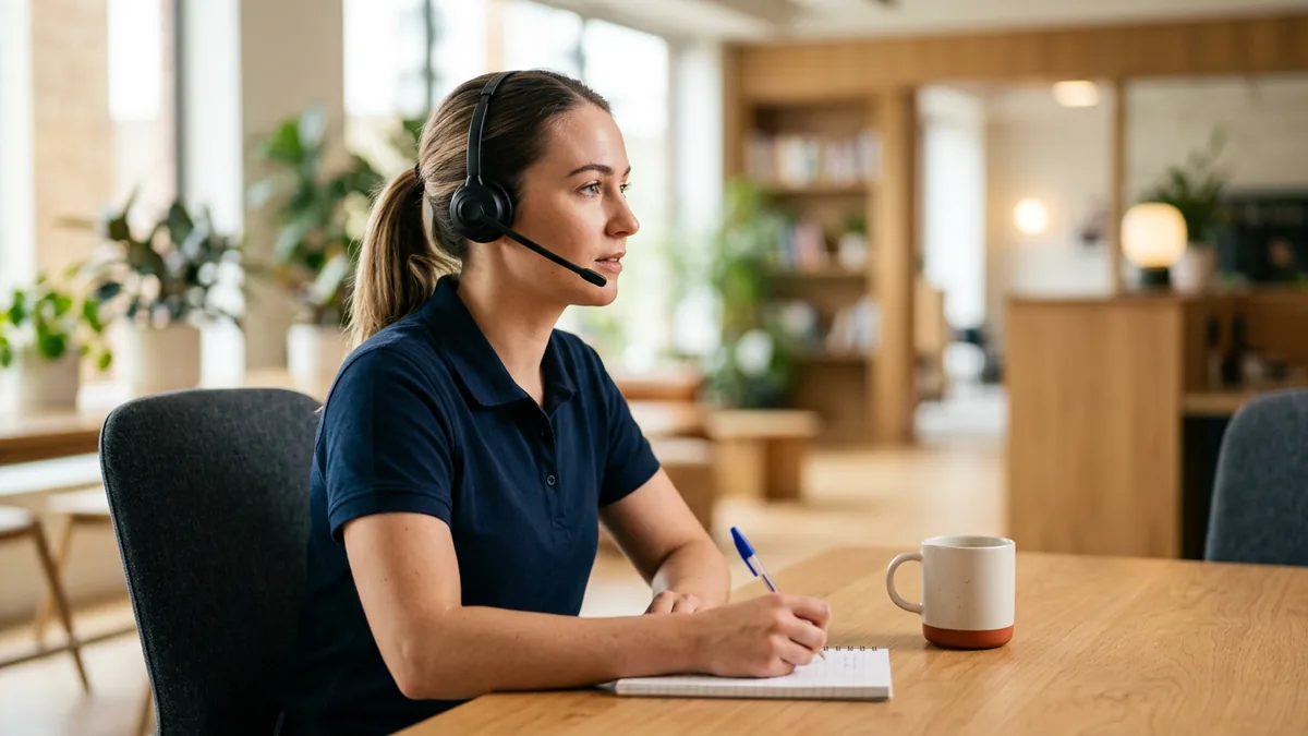 Help desk technician with a headset taking notes while verifying a dealership caller's identity before helping
